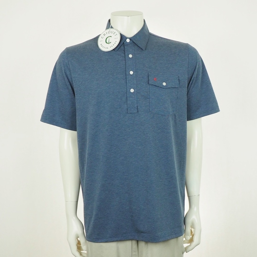 New Criquet Golf Polo Shirt Mens Large Heather Blue Pocket Cotton Blend Casual